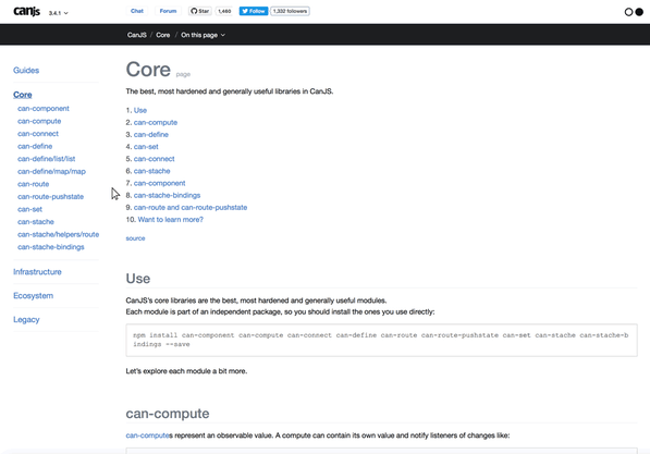CanJS.com sidebar and main content area scrolling independently