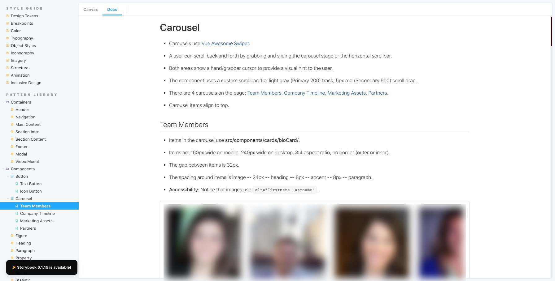 Storybook MDX page for the Carousel component