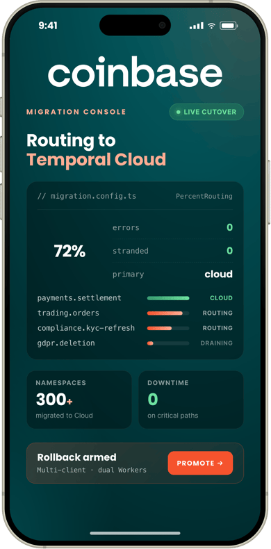 Coinbase migration console routing to Temporal Cloud