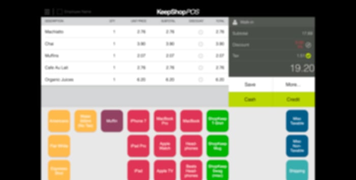 KeepShop point of sale interface, blurred until text is unreadable