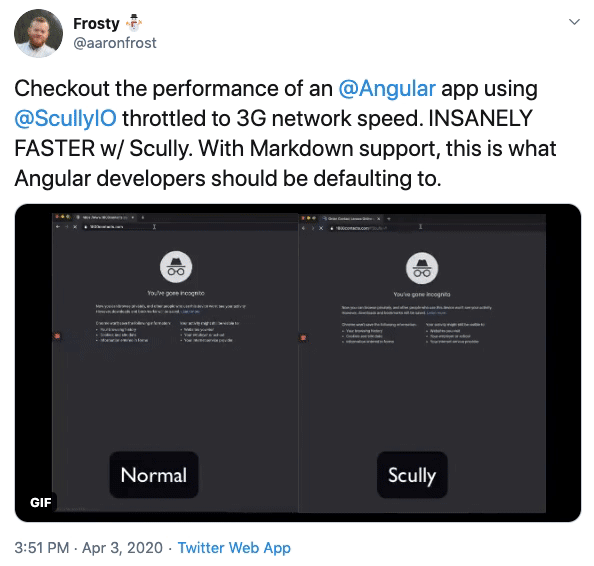Checkout the performance of an  @Angular  app using  @ScullyIO  throttled to 3G network speed. INSANELY FASTER w/ Scully. With Markdown support, this is what Angular developers should be defaulting to. - 