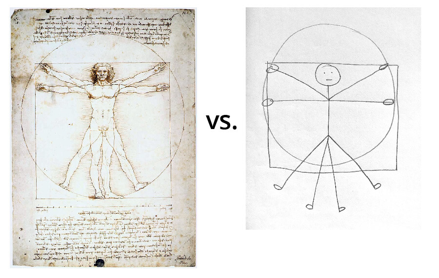 Side-by-side images - da Vinci's Vitruvian Man and a simple sketch of the same image