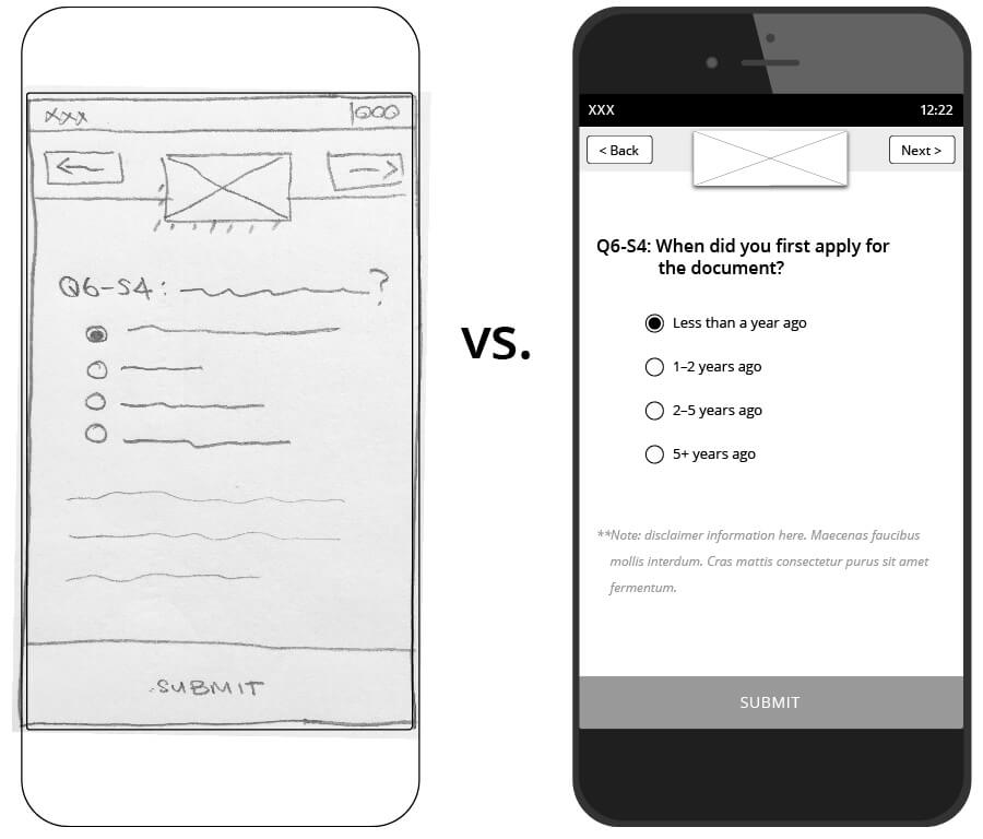 Image comparison of a UI sketch and a digital low fidelity mockup
