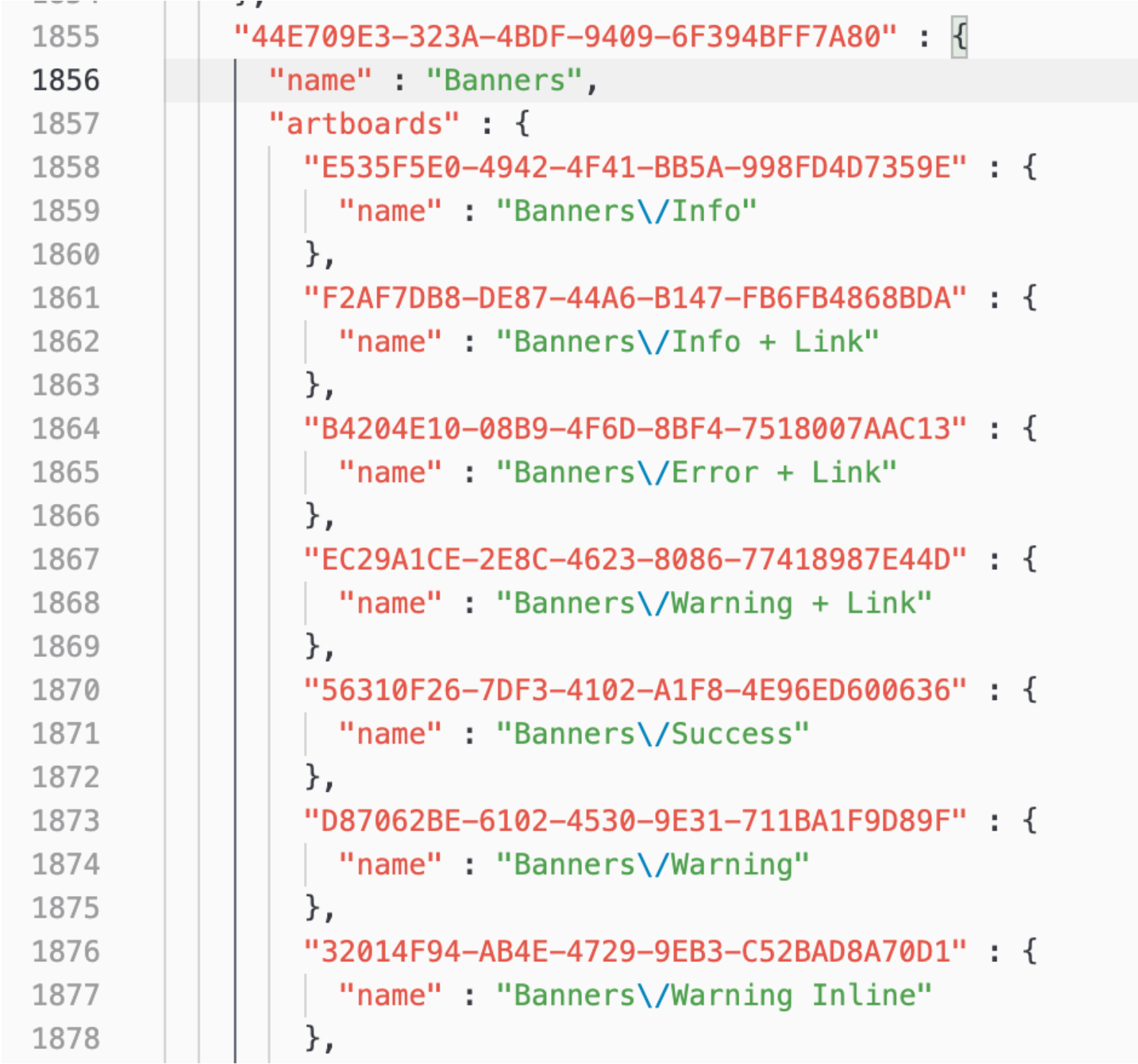 A JSON file showing symbol names and variations