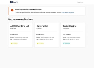 BAFS dashboard showing loan applications; two are flagged as needing attention