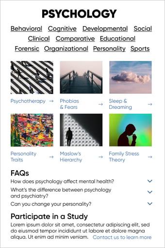 example of a psychology website cluttered with elements. the user interface is overwhelming because there are so many options.