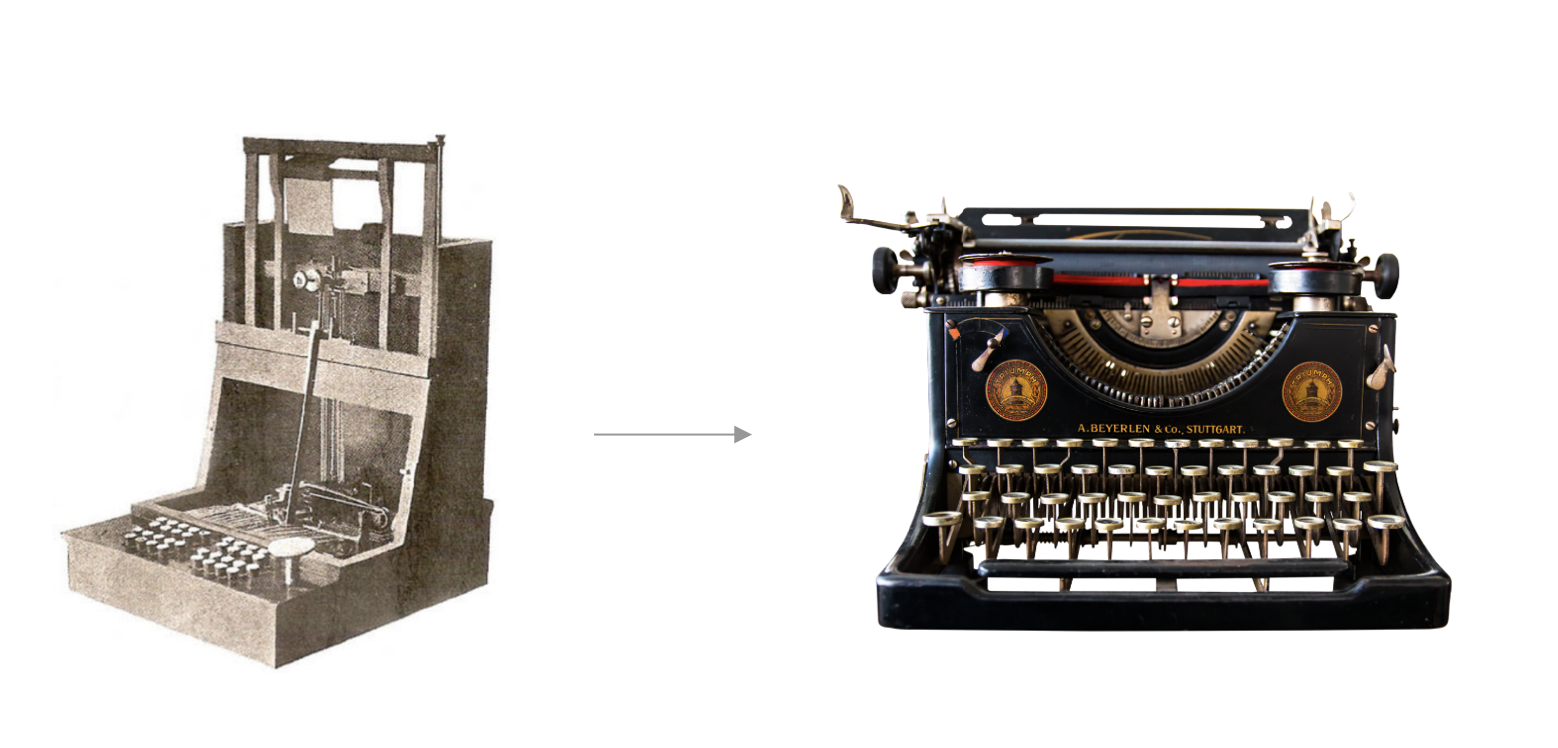 Decorative Image of two typewriters. The first is John Pratt's Pterotype with an odd shaped keyboard and the second is a typewriter with a keyboard similar to those in use today. 