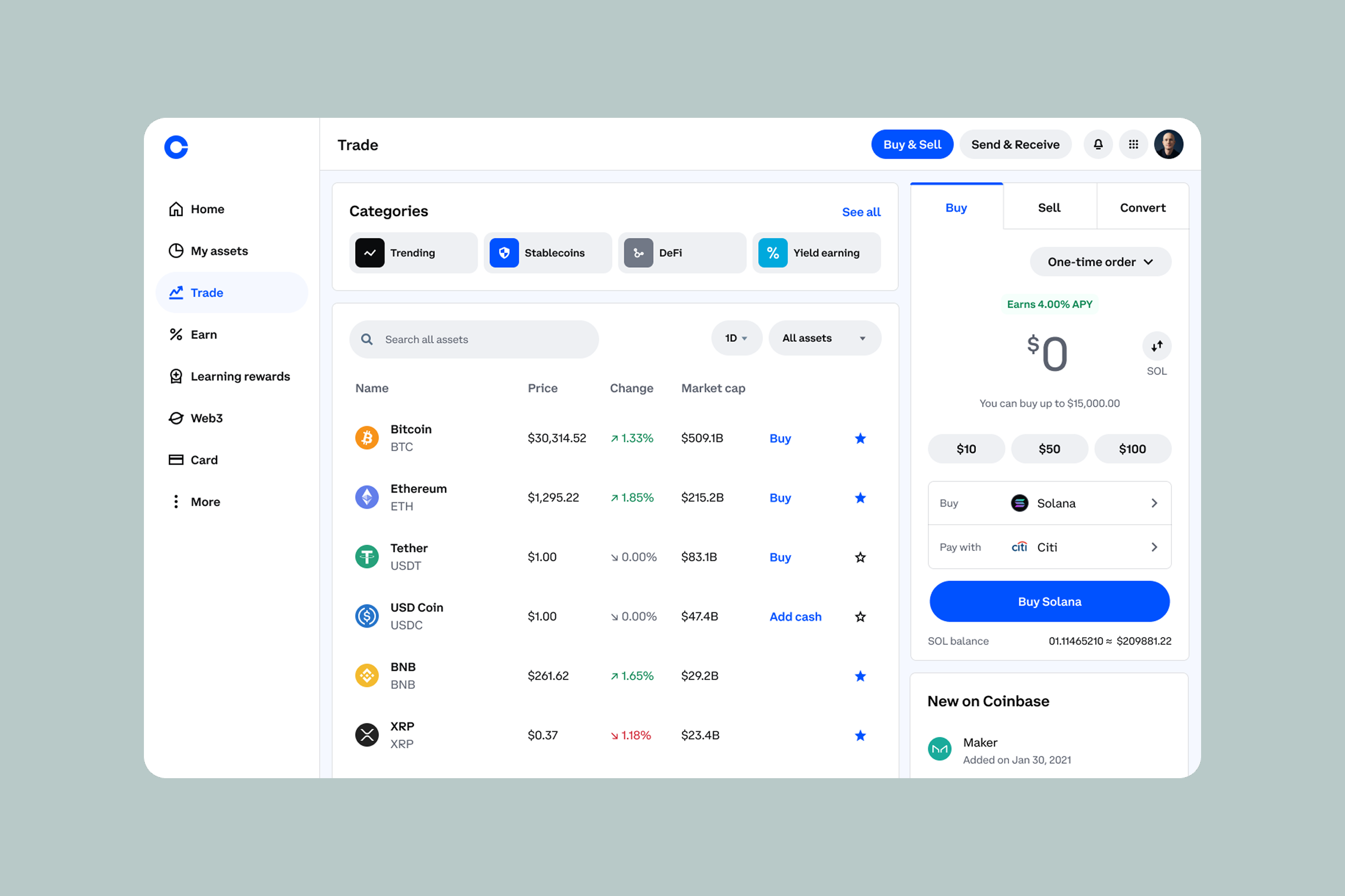 Coinbase Web Trade interface