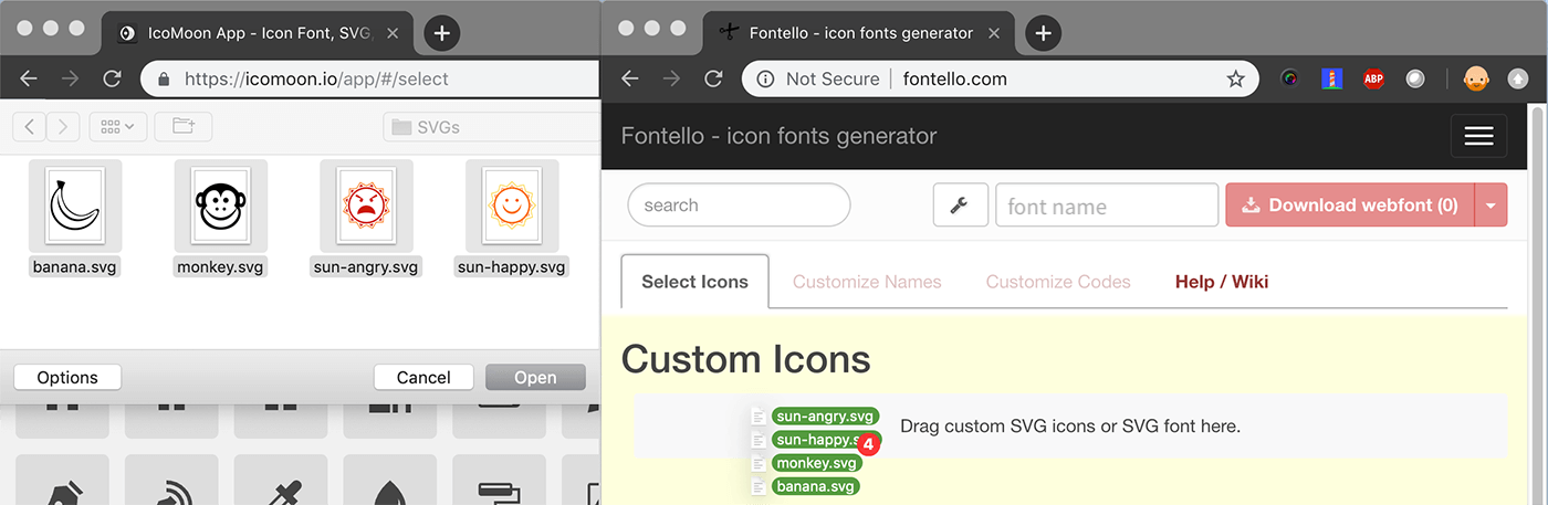 Adding your SVG icon files is easy, but there is a different process in different generators