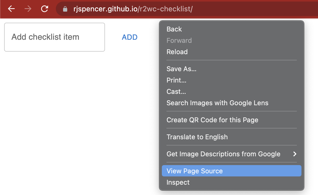 image showing command to view page source. How to Create a Web Component with Create React App