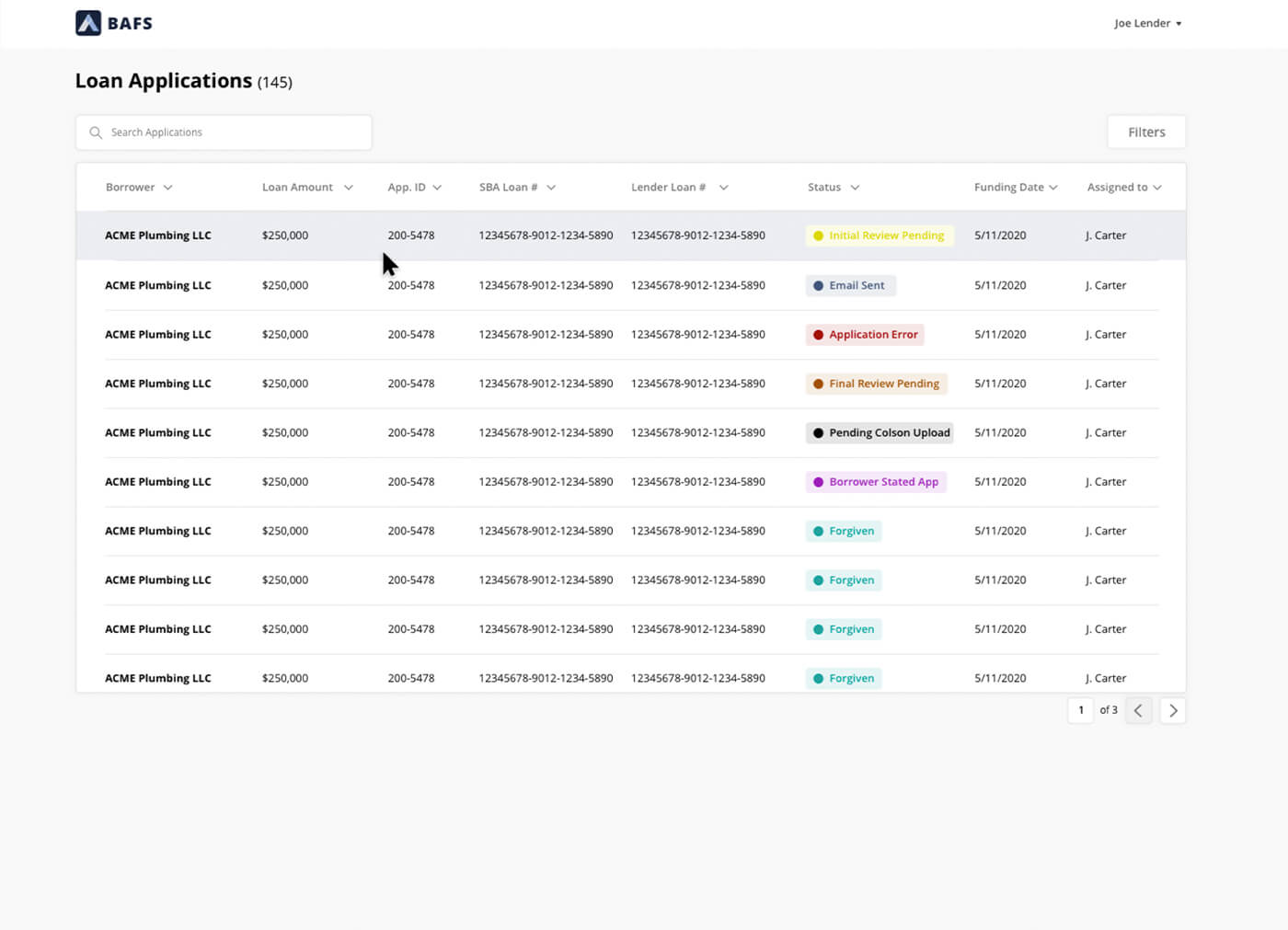 Loan Applications screen with loan status color-coded