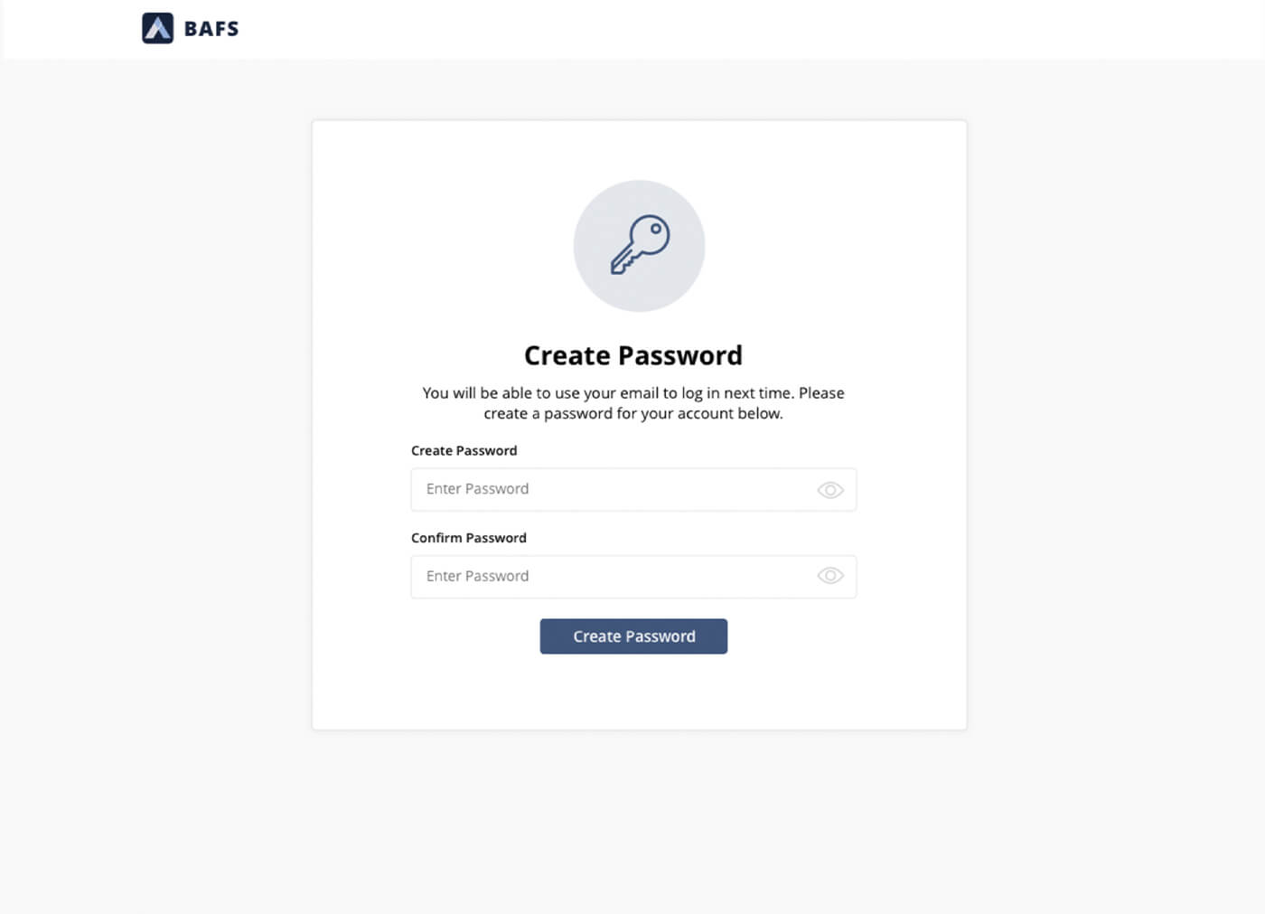 Create Password screen to obtain an account for BAFS PPP Forgiveness