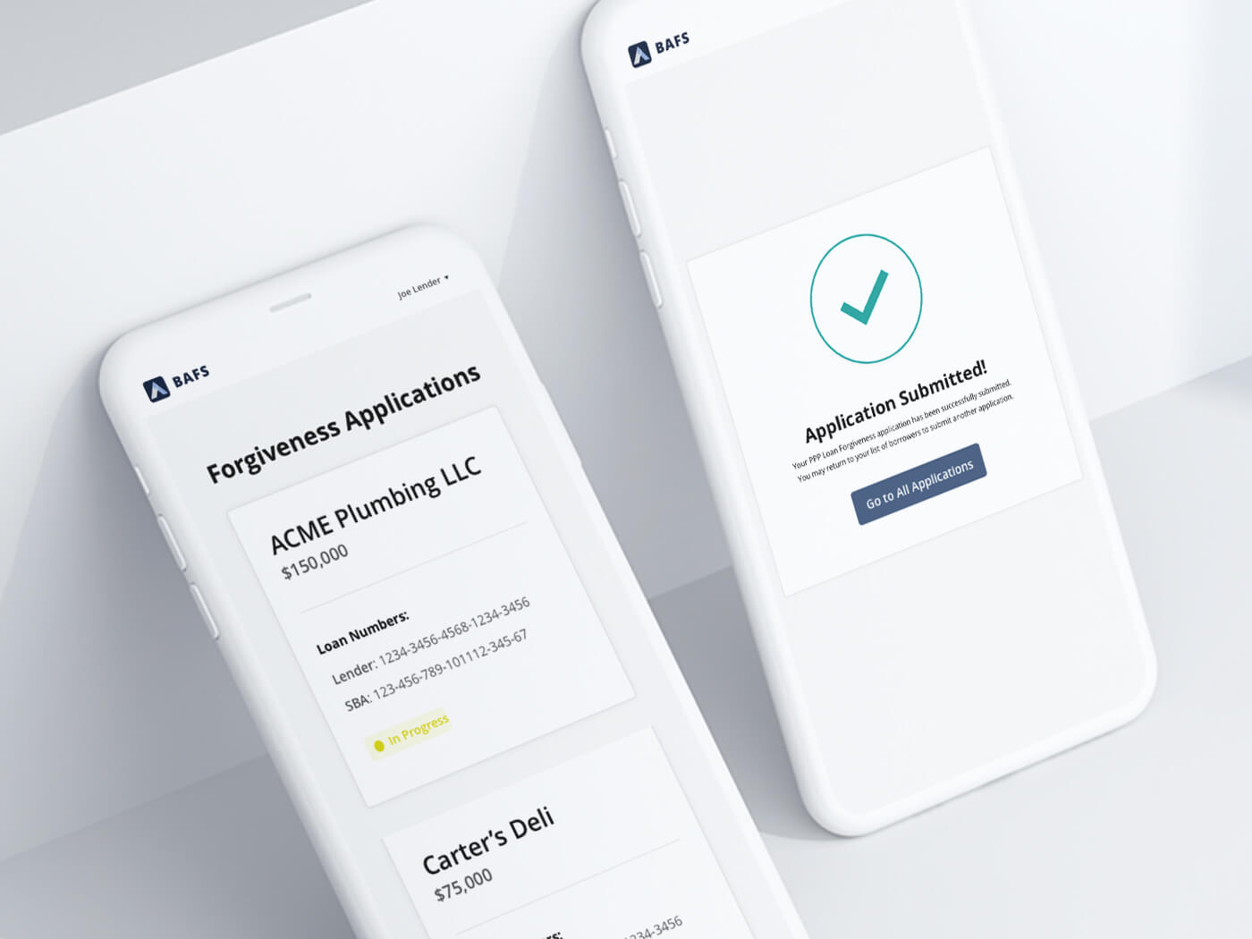 Two screens: one showing a BAFS PPP loan forgiveness application in progress and the other a confirmation message the application has been successfully submitted