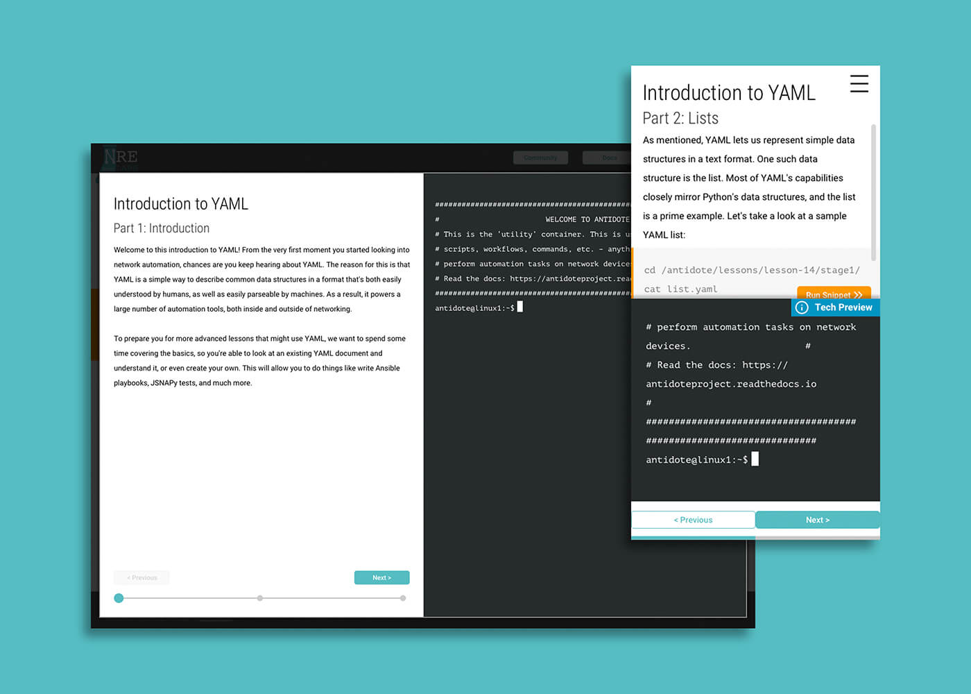 Mobile and desktop screens from an NRE Labs course, Introduction to YAML, parts 1 and 2