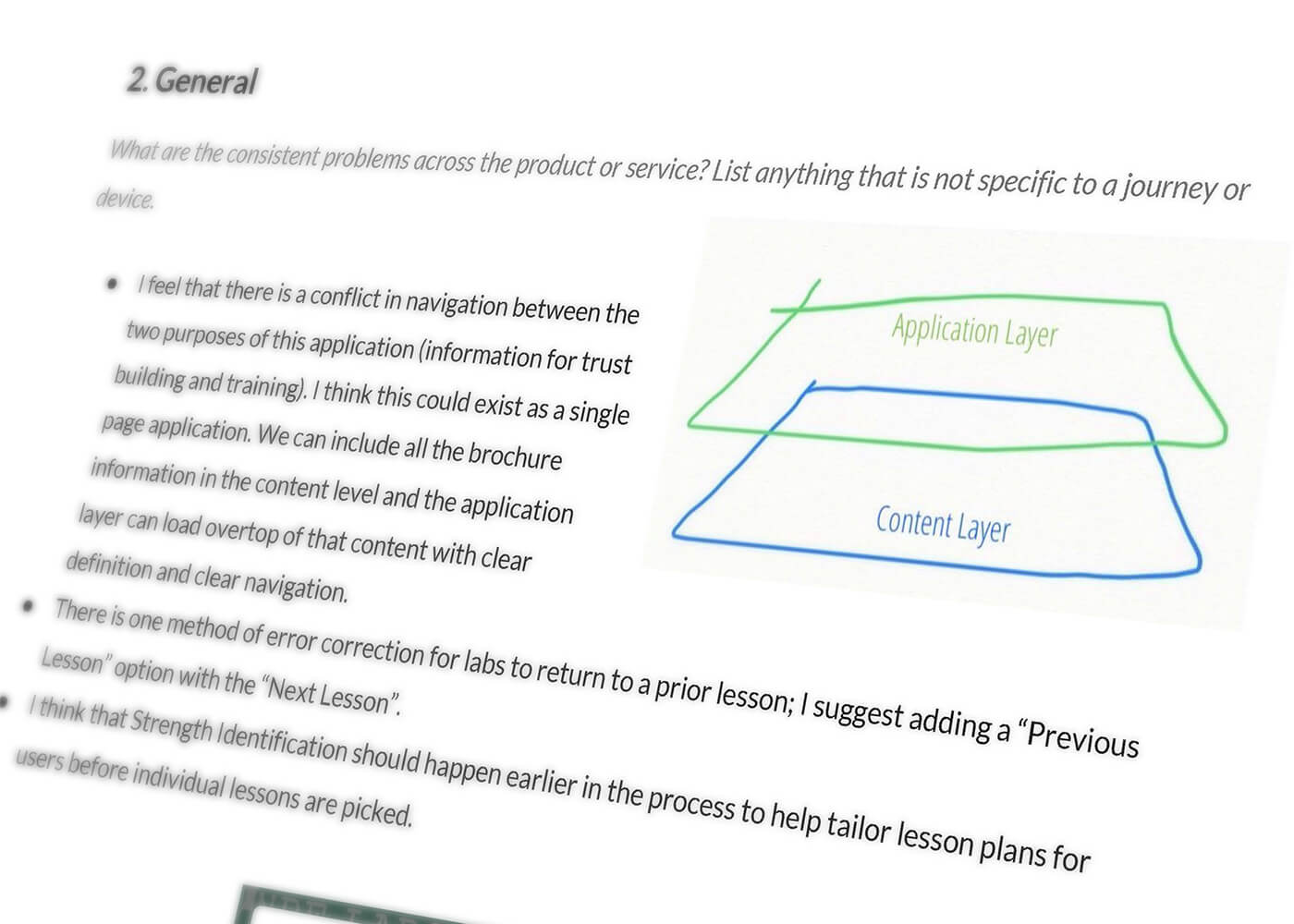 An excerpt from the Usability Design Review document recommending an application layer and a content layer