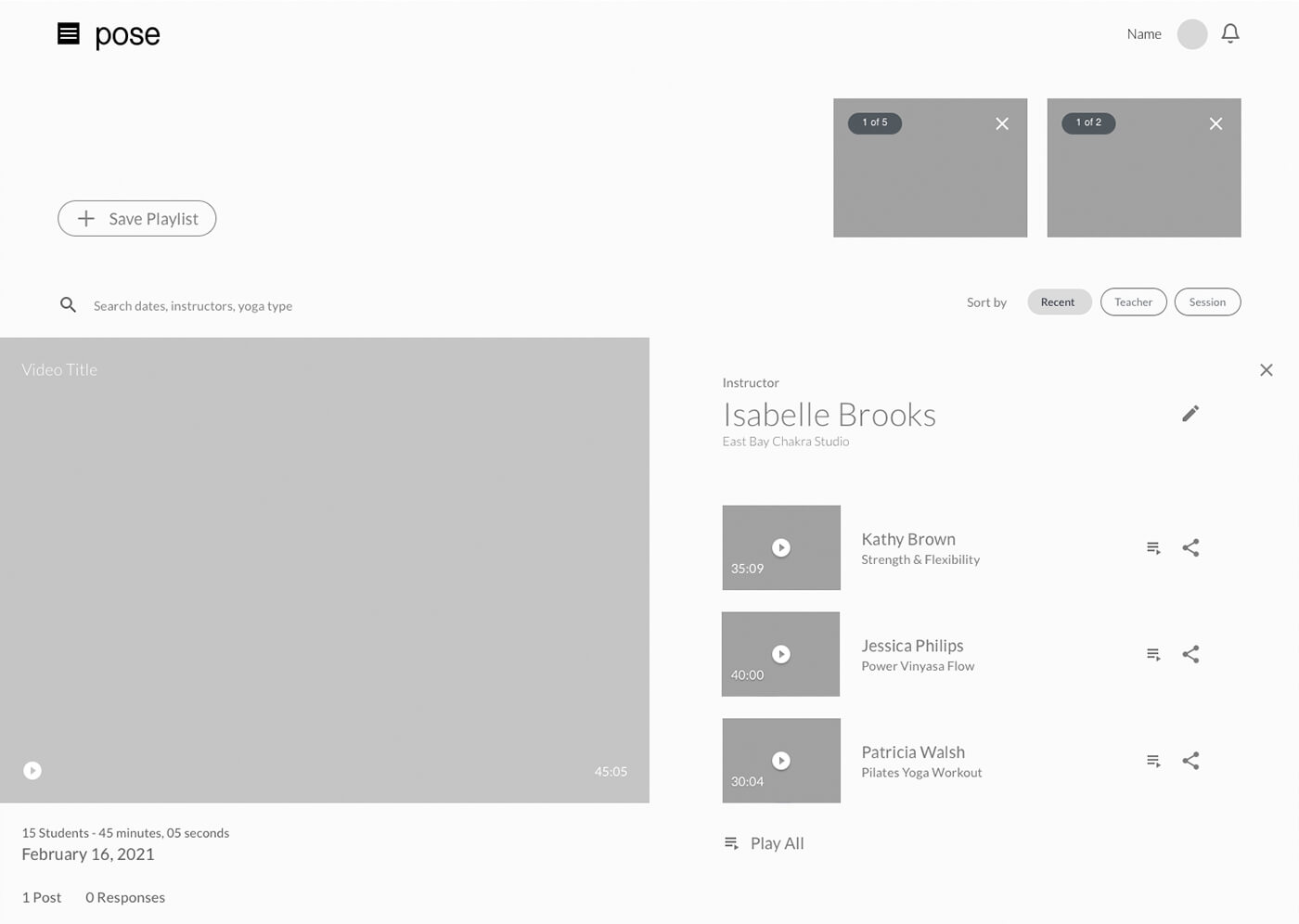 A grayscale wireframe for a playlist page