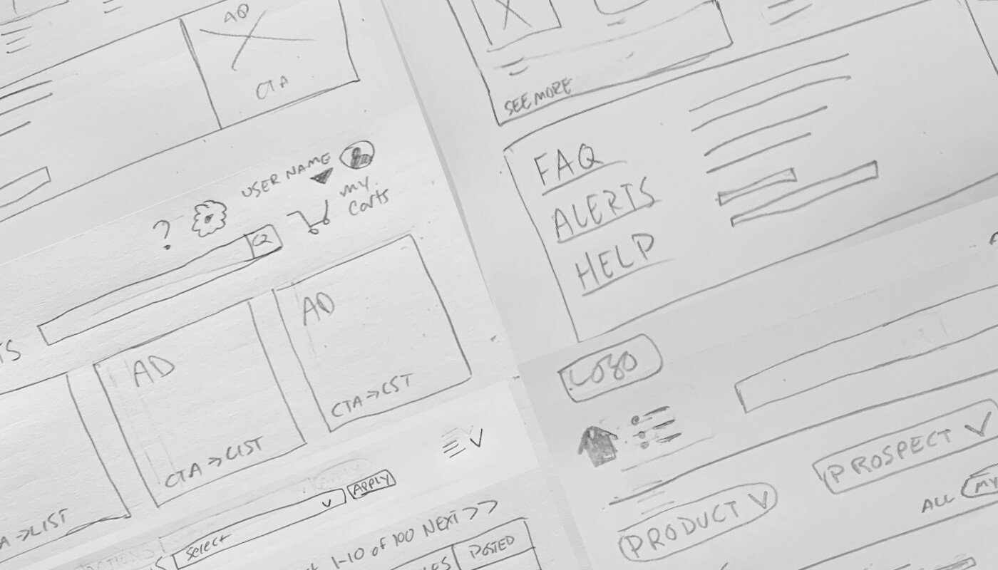 Pencil concept sketches of site pages