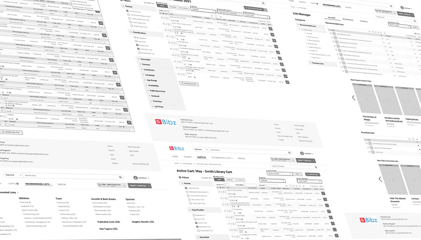 Grayscale mockups of site pages created for user testing