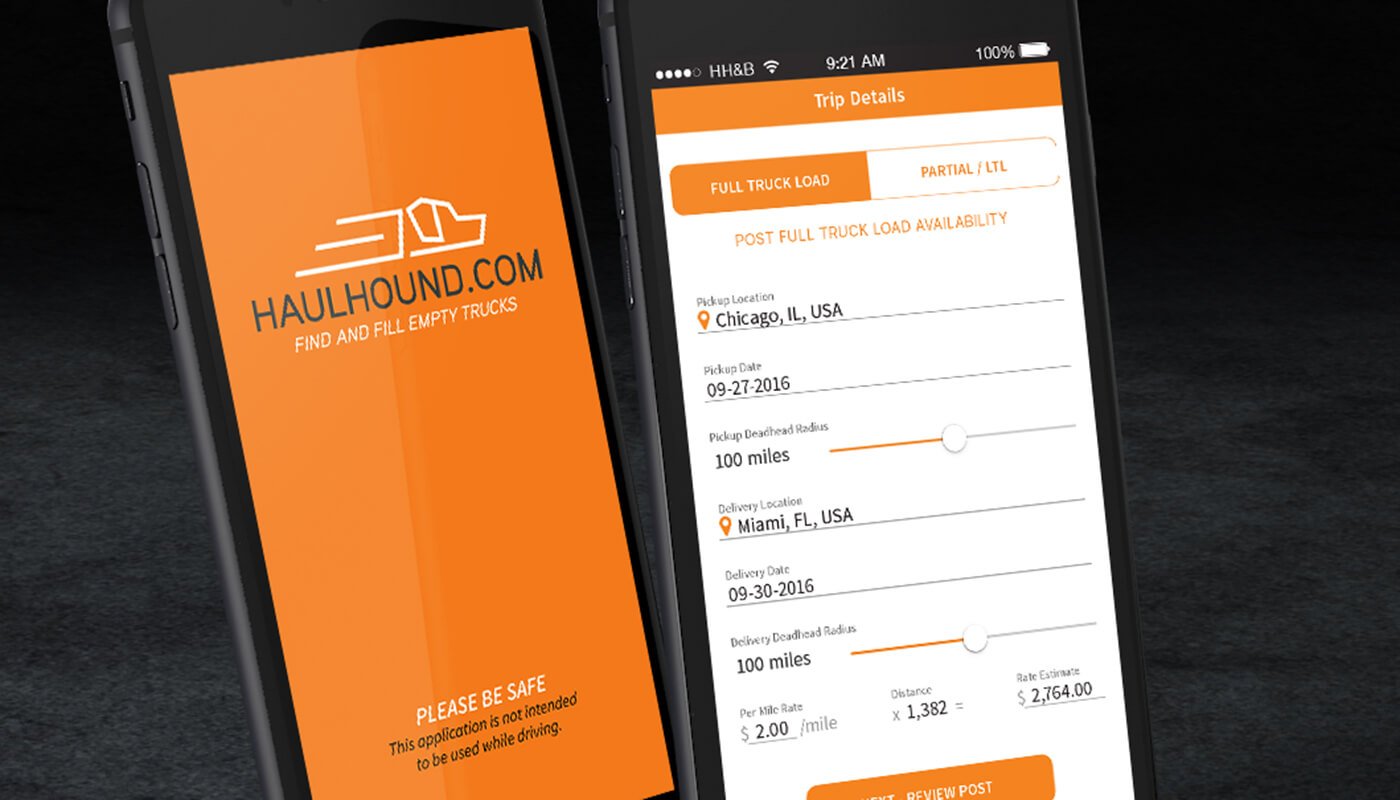 Two smartphones show login and trip details screens for the HaulHound mobile app