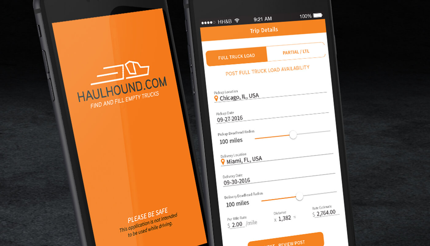 Two smartphones show login and trip details screens for the HaulHound mobile app