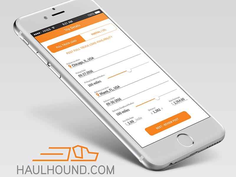  iPhone with HaulHound mobile app showing truckload availability between Chicago and Miami