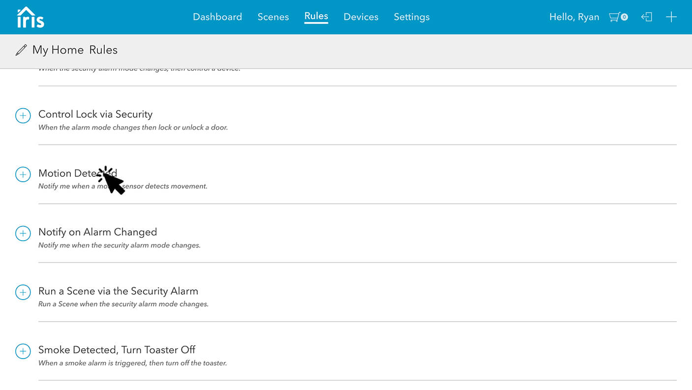 Rules screen for the Iris home automation app