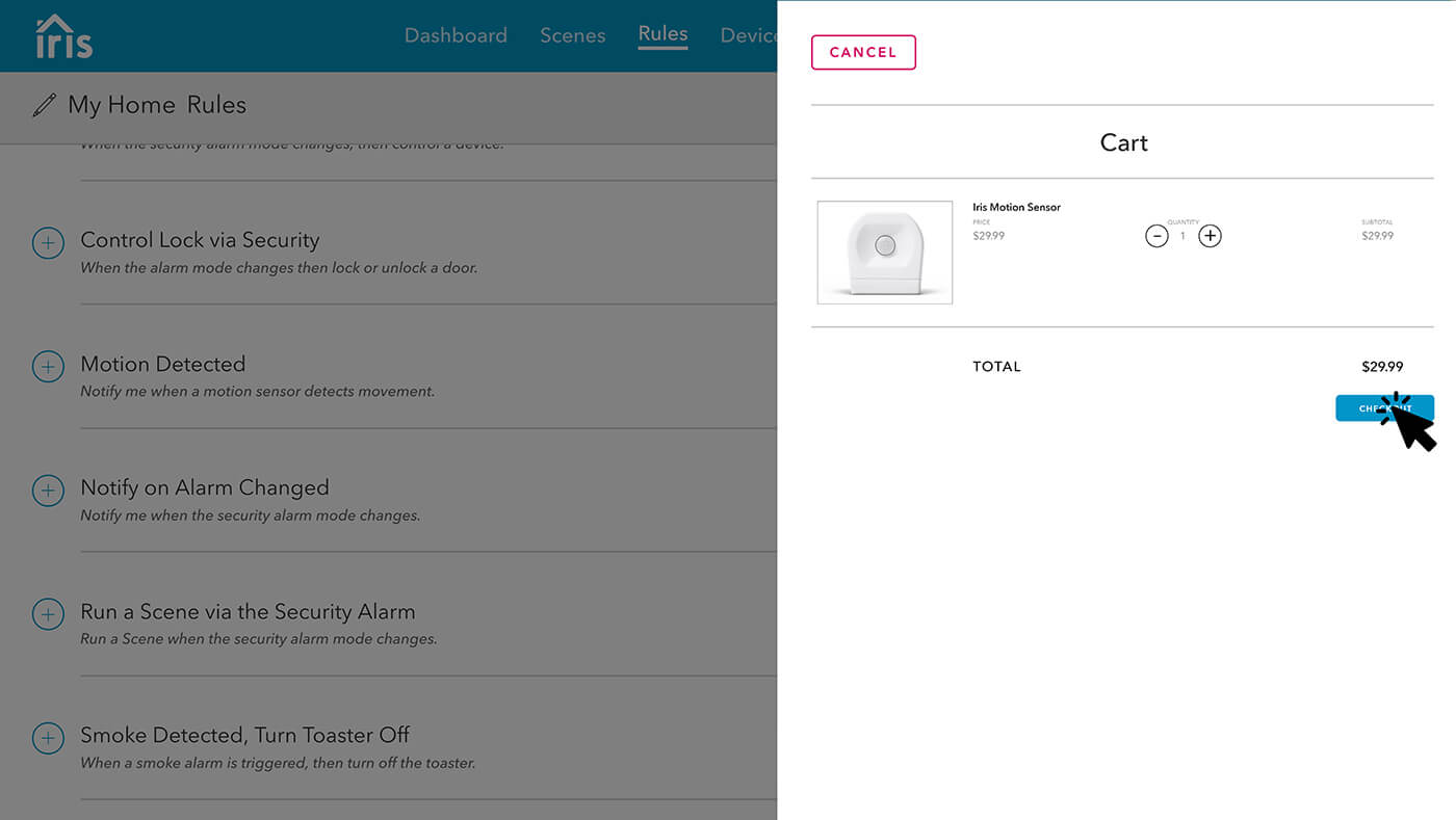 Edit Rule page prompting the user to purchase a device that can perform the rule’s action