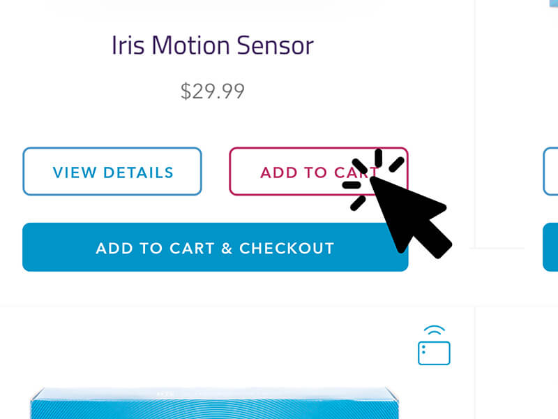 Add to Cart button clicked on the Iris Motion Sensor product page of the Lowes Iris web app