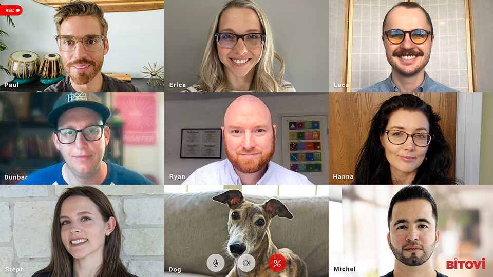 UX Team members on a Zoom call: Paul, Erica, Luca, Dunbar, Ryan, Hanna, Stephanie, Michel, and Erica’s dog, Ava